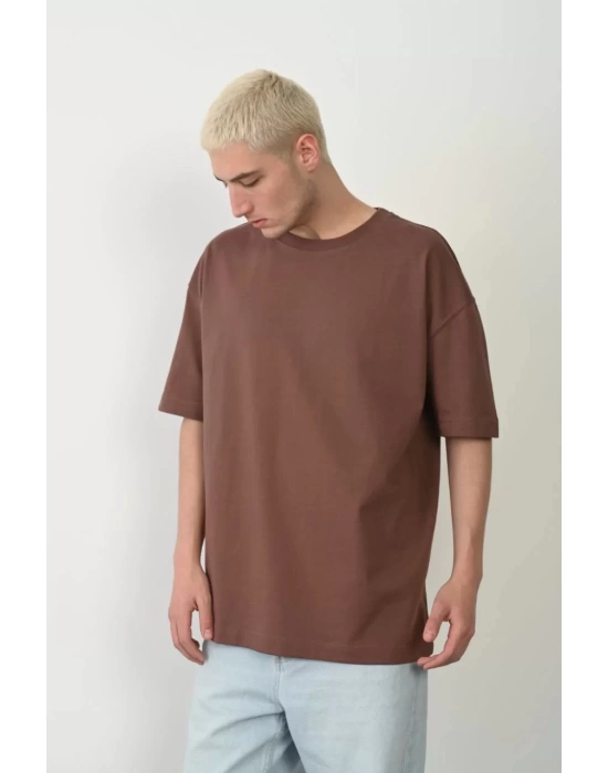 Unisex Basic Bisiklet Yaka Oversize T-Shirt - Mürdüm