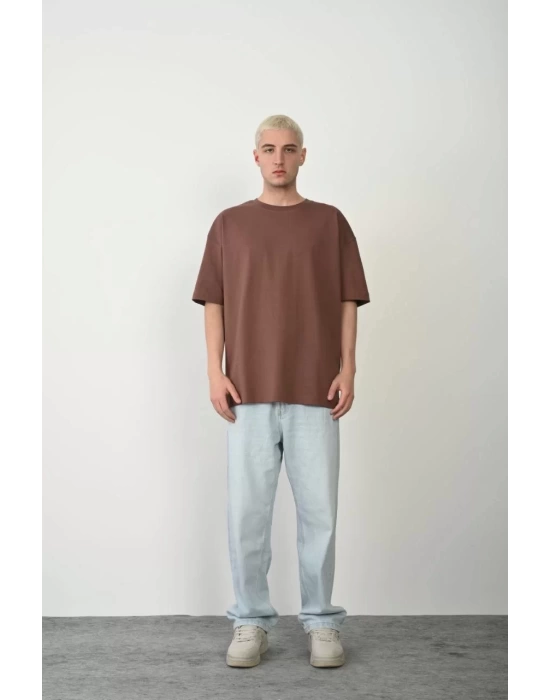 Unisex Basic Bisiklet Yaka Oversize T-Shirt - Mürdüm