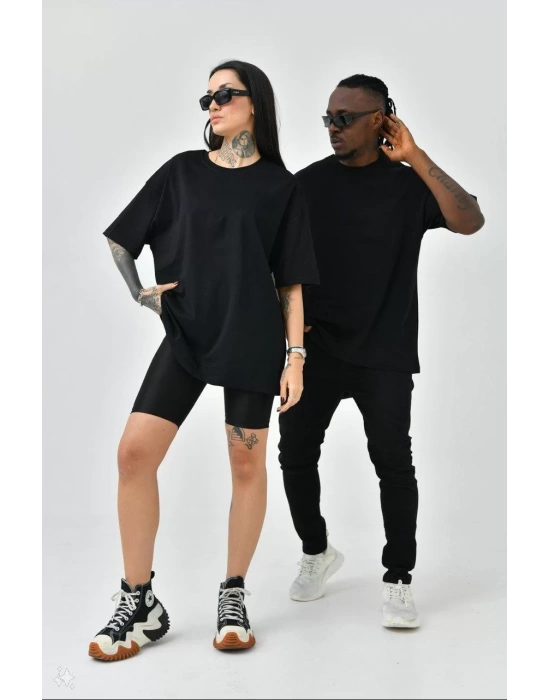 Unisex Basic Bisiklet Yaka Oversize T-Shirt - Siyah