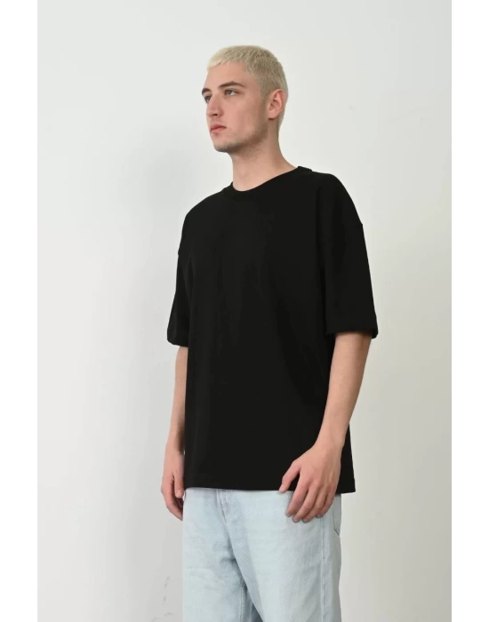 Unisex Basic Bisiklet Yaka Oversize T-Shirt - Siyah