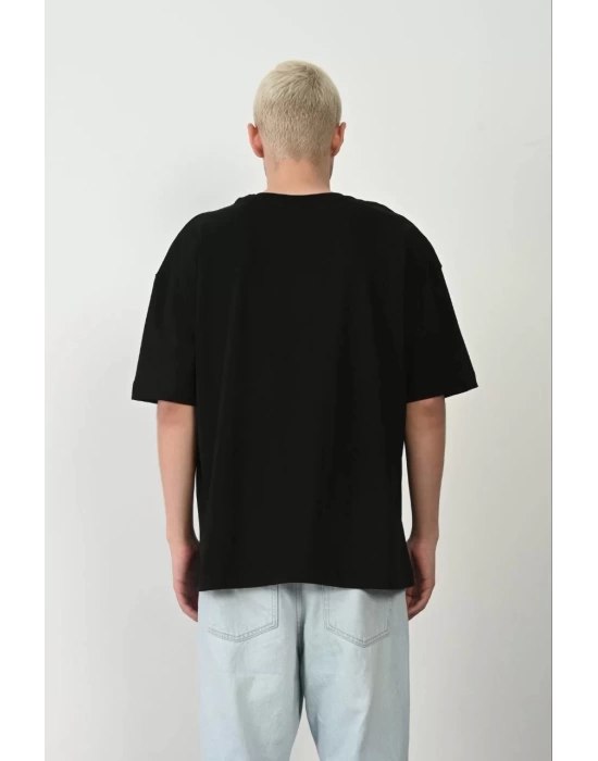 Unisex Basic Bisiklet Yaka Oversize T-Shirt - Siyah