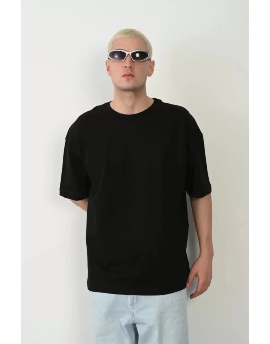 Unisex Basic Bisiklet Yaka Oversize T-Shirt - Siyah