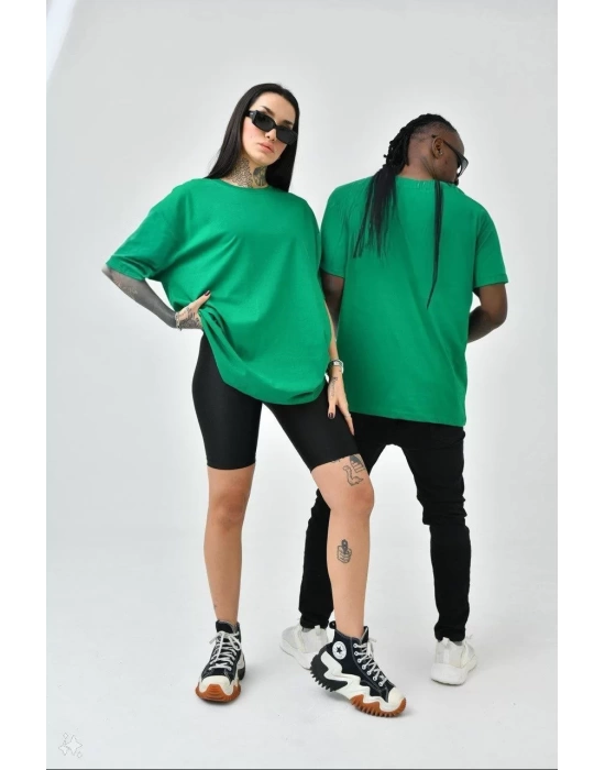 Unisex Basic Bisiklet Yaka Oversize T-Shirt - Yeşil