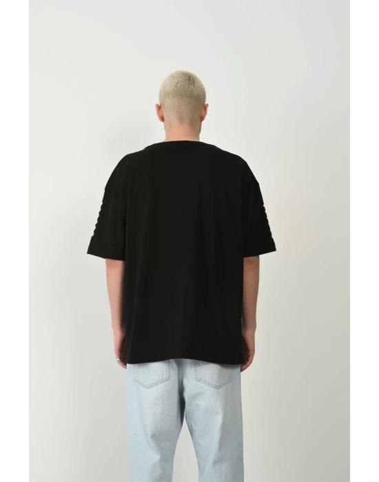 Unisex Baskılı Bisiklet Yaka Oversize T-Shirt - Siyah