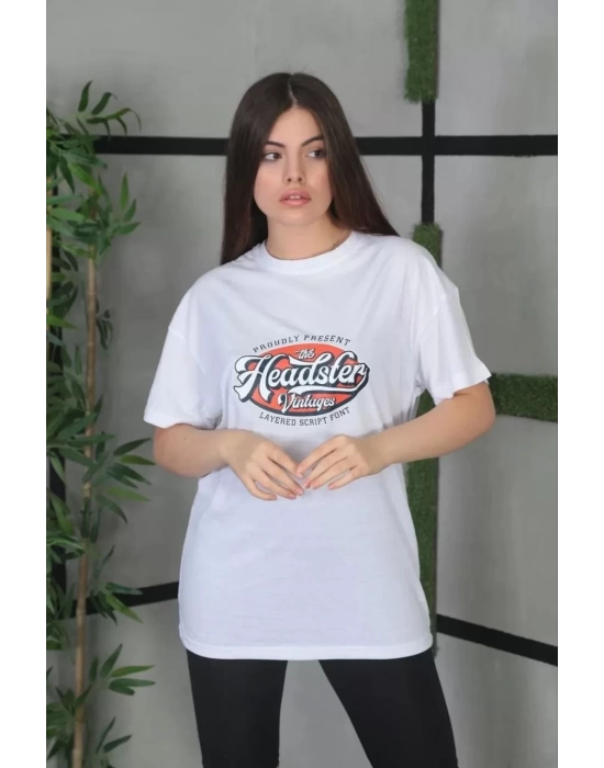 Unisex Baskılı Oversize T-Shirt - Beyaz