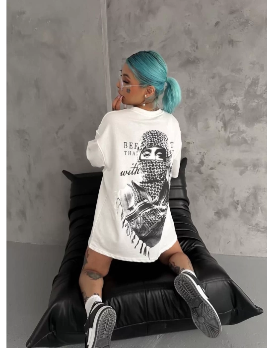 Unisex Baskılı Oversize T-Shirt - Beyaz