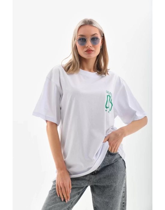 Unisex Baskılı Oversize T-Shirt - Beyaz