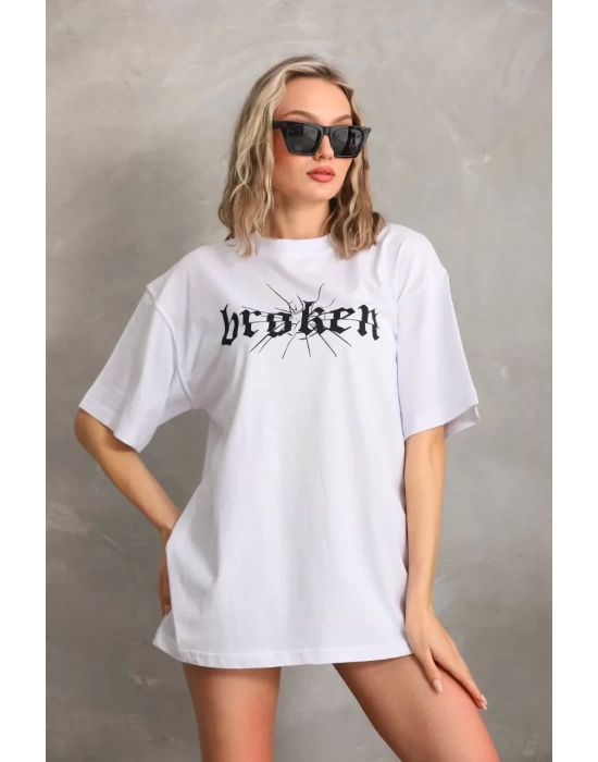 Unisex Baskılı Oversize T-Shirt - Beyaz