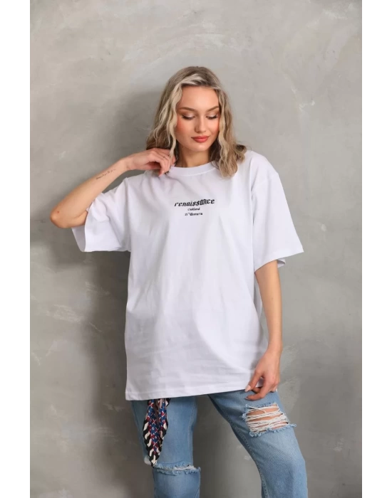 Unisex Baskılı Oversize T-Shirt - Beyaz