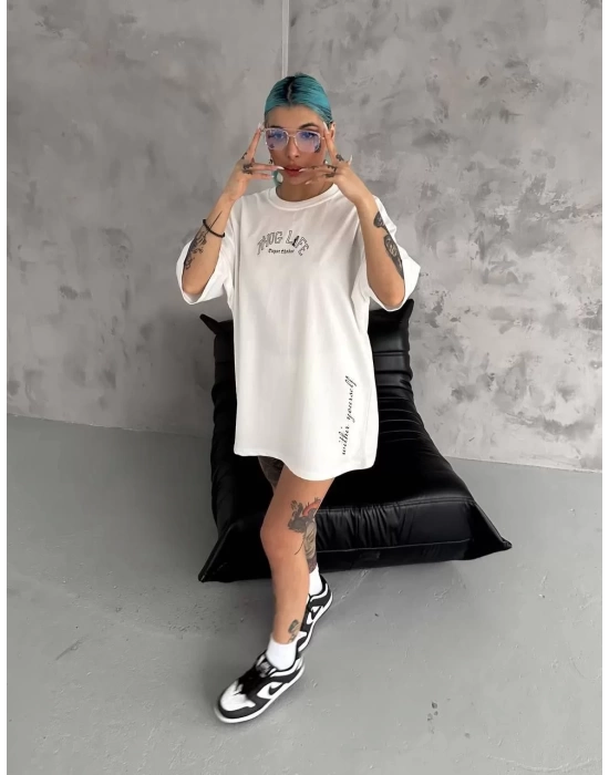 Unisex Baskılı Oversize T-Shirt - Beyaz