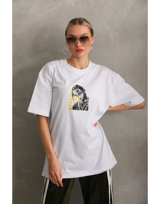 Unisex Baskılı Oversize T-Shirt - Beyaz