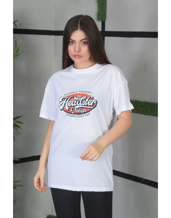 Unisex Baskılı Oversize T-Shirt - Beyaz