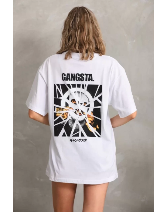 Unisex Baskılı Oversize T-Shirt - Beyaz