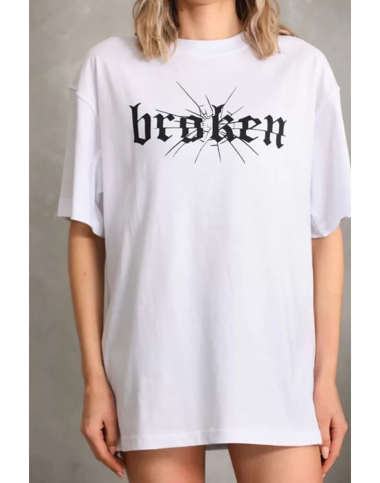 Unisex Baskılı Oversize T-Shirt - Beyaz