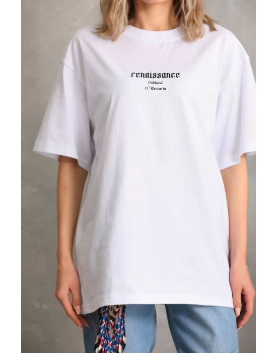 Unisex Baskılı Oversize T-Shirt - Beyaz