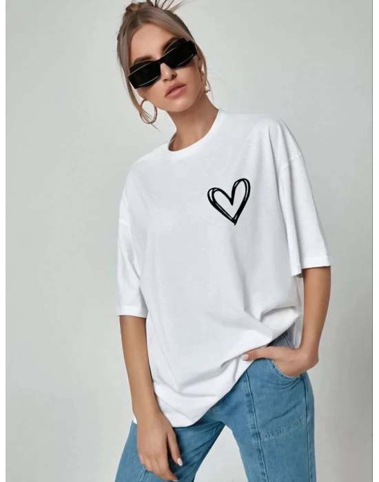 Unisex Baskılı Oversize T-Shirt - Beyaz