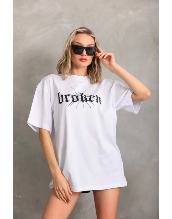 Unisex Baskılı Oversize T-Shirt - Beyaz