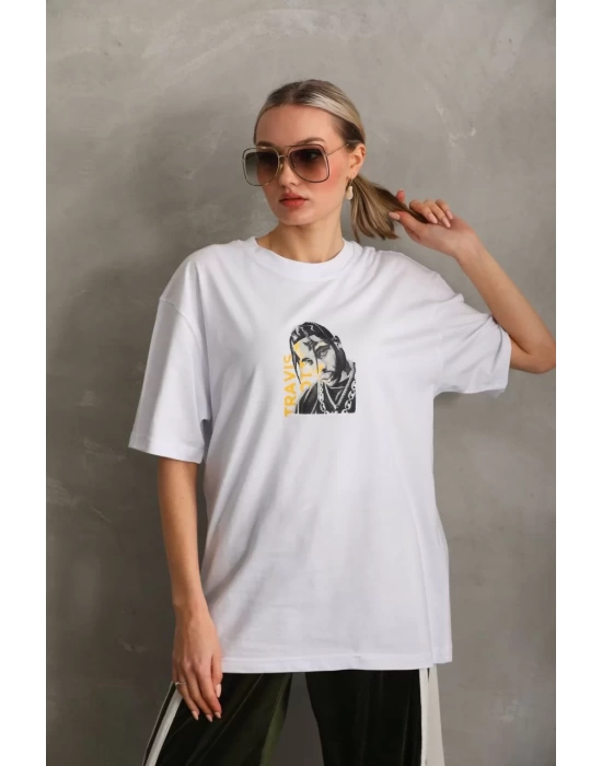 Unisex Baskılı Oversize T-Shirt - Beyaz