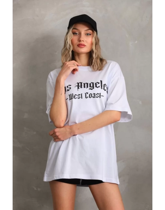 Unisex Baskılı Oversize T-Shirt - Beyaz