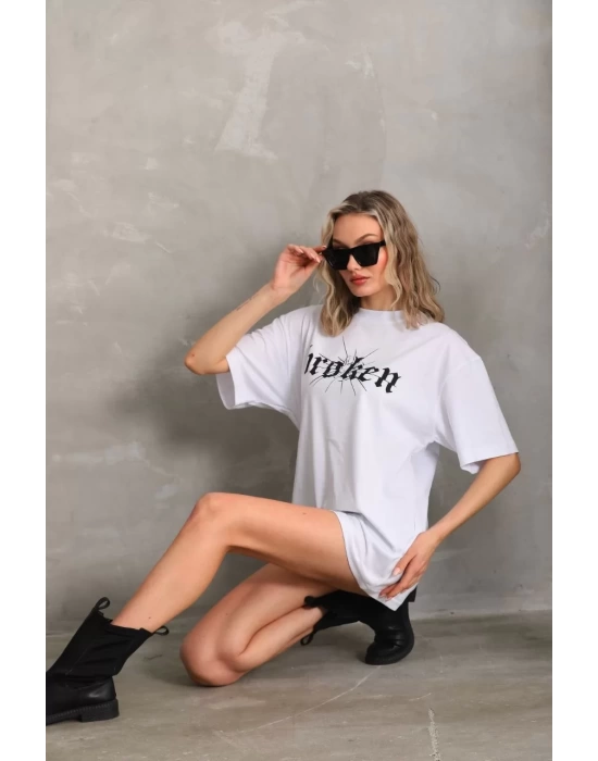 Unisex Baskılı Oversize T-Shirt - Beyaz