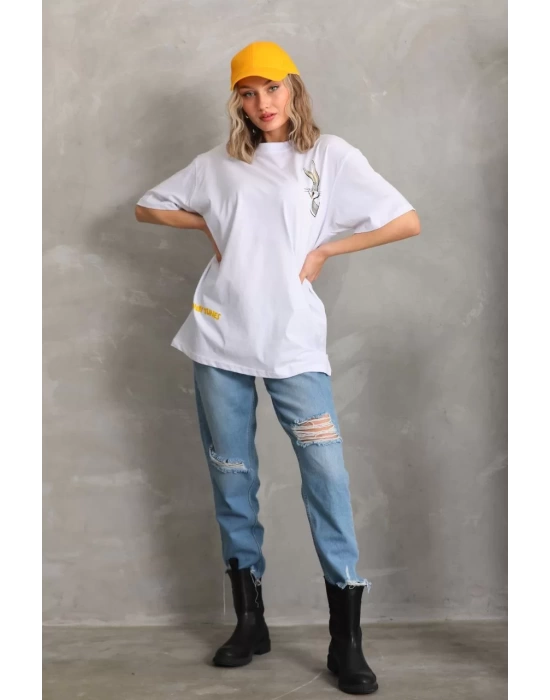 Unisex Baskılı Oversize T-Shirt - Beyaz