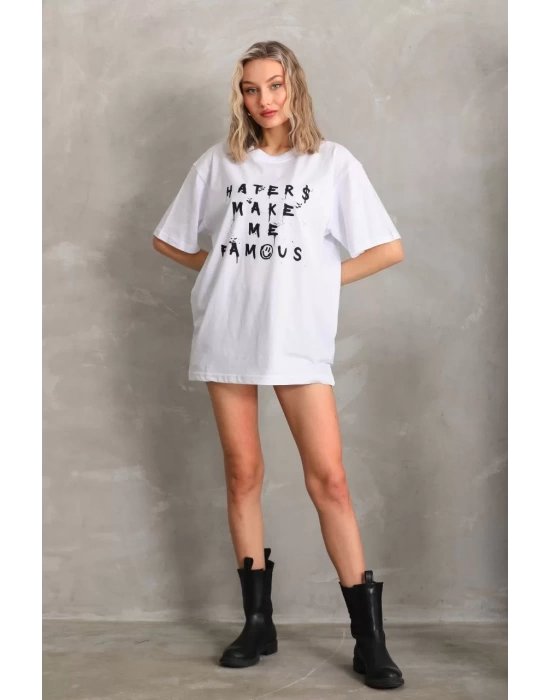 Unisex Baskılı Oversize T-Shirt - Beyaz