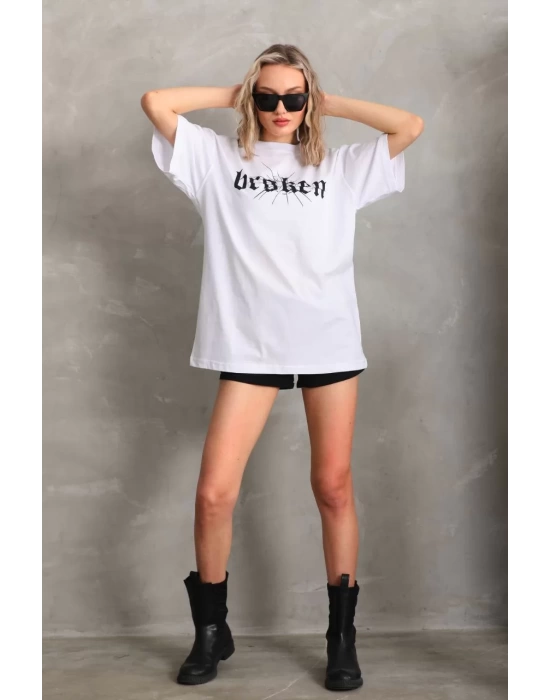 Unisex Baskılı Oversize T-Shirt - Beyaz