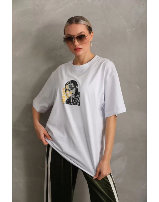 Unisex Baskılı Oversize T-Shirt - Beyaz