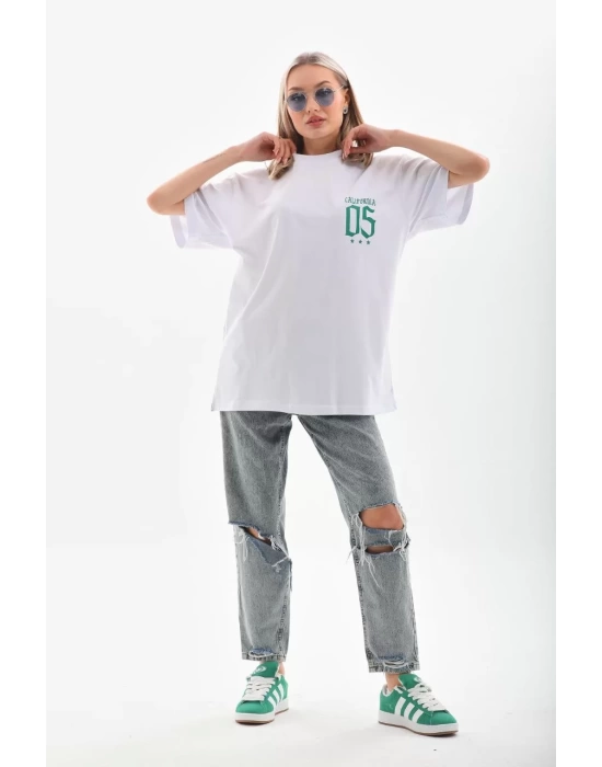 Unisex Baskılı Oversize T-Shirt - Beyaz