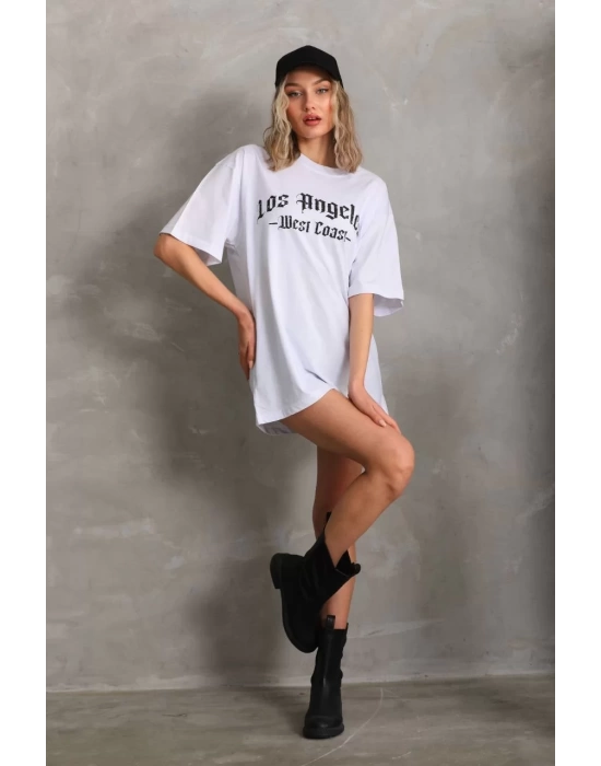 Unisex Baskılı Oversize T-Shirt - Beyaz