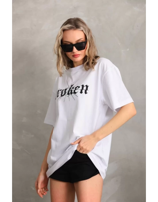 Unisex Baskılı Oversize T-Shirt - Beyaz