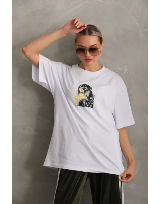 Unisex Baskılı Oversize T-Shirt - Beyaz