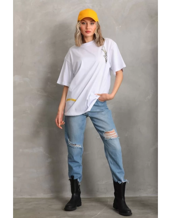 Unisex Baskılı Oversize T-Shirt - Beyaz