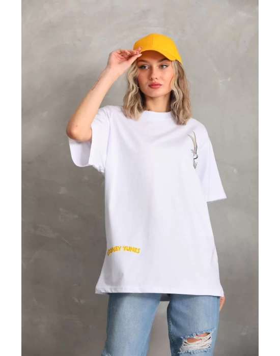 Unisex Baskılı Oversize T-Shirt - Beyaz