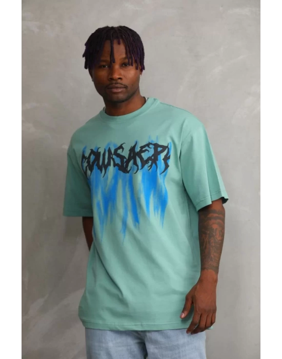 Unisex Baskılı Oversize T-Shirt - Mint Yeşili