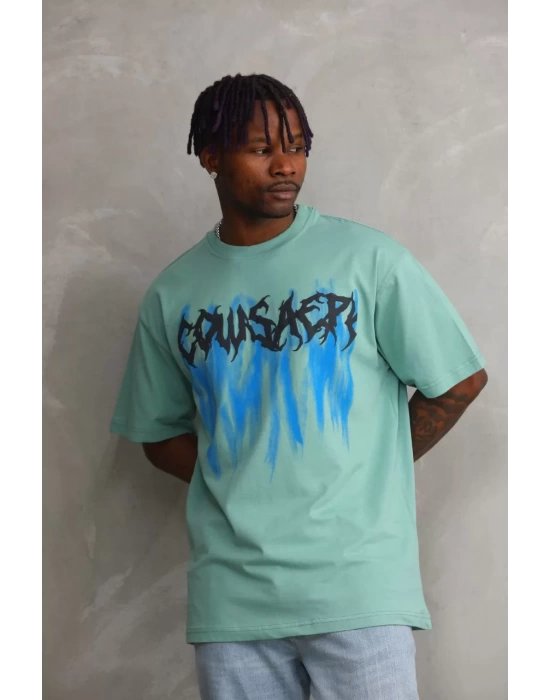 Unisex Baskılı Oversize T-Shirt - Mint Yeşili