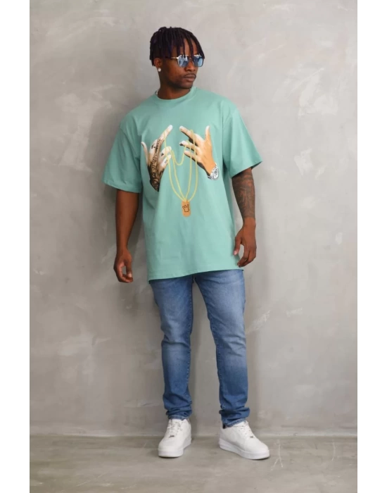 Unisex Baskılı Oversize T-Shirt - Mint Yeşili