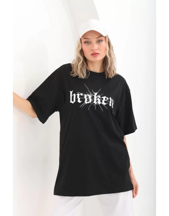 Unisex Baskılı Oversize T-Shirt - Siyah