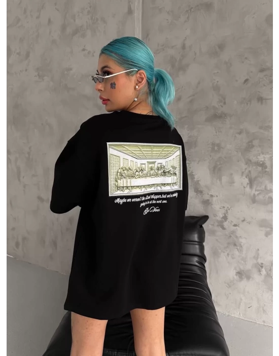 Unisex Baskılı Oversize T-Shirt - Siyah