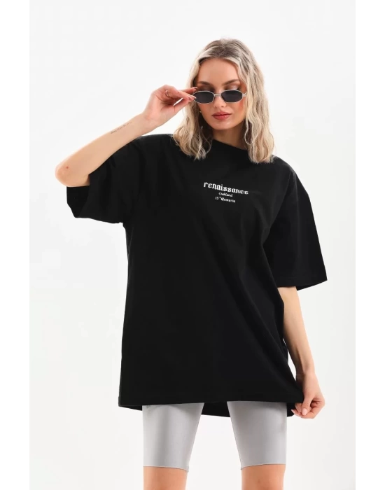 Unisex Baskılı Oversize T-Shirt - Siyah