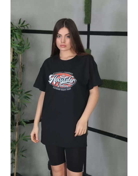 Unisex Baskılı Oversize T-Shirt - Siyah