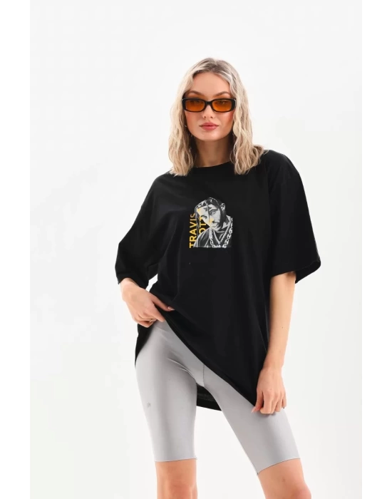 Unisex Baskılı Oversize T-Shirt - Siyah