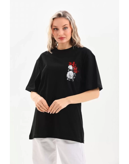 Unisex Baskılı Oversize T-Shirt - Siyah