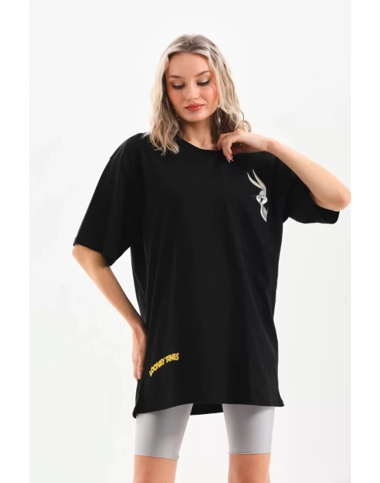 Unisex Baskılı Oversize T-Shirt - Siyah