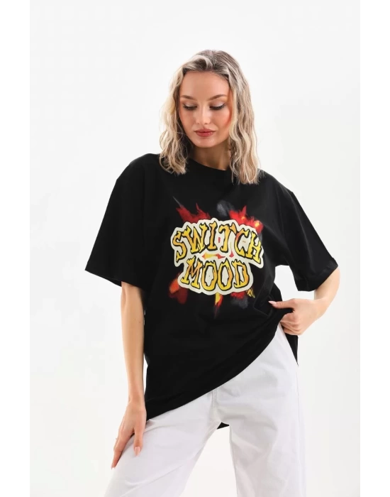 Unisex Baskılı Oversize T-Shirt - Siyah