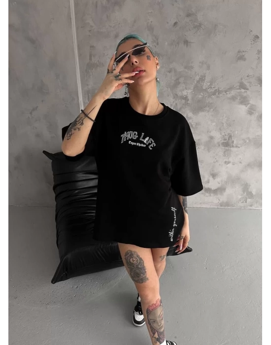 Unisex Baskılı Oversize T-Shirt - Siyah