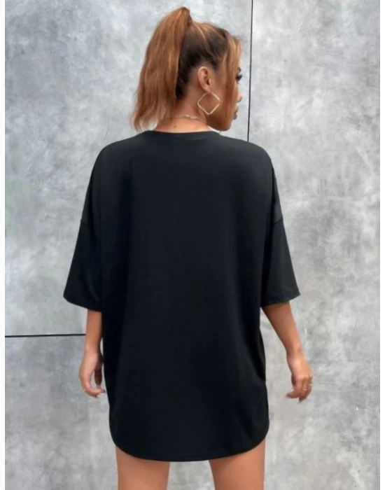 Unisex Baskılı Oversize T-Shirt - Siyah