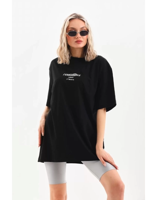 Unisex Baskılı Oversize T-Shirt - Siyah