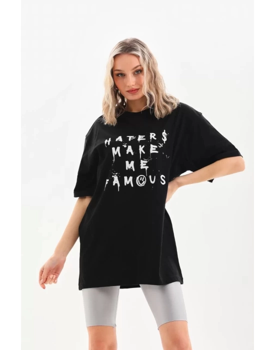 Unisex Baskılı Oversize T-Shirt - Siyah