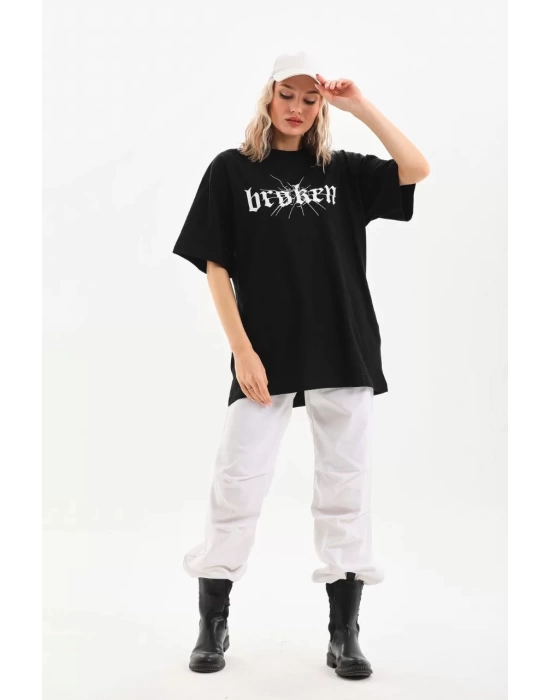 Unisex Baskılı Oversize T-Shirt - Siyah